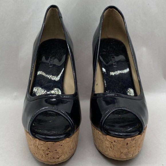 Jimmy Choo Black Patent Leather Peep Toe Cork Wedge Heels - Picture 2 of 8